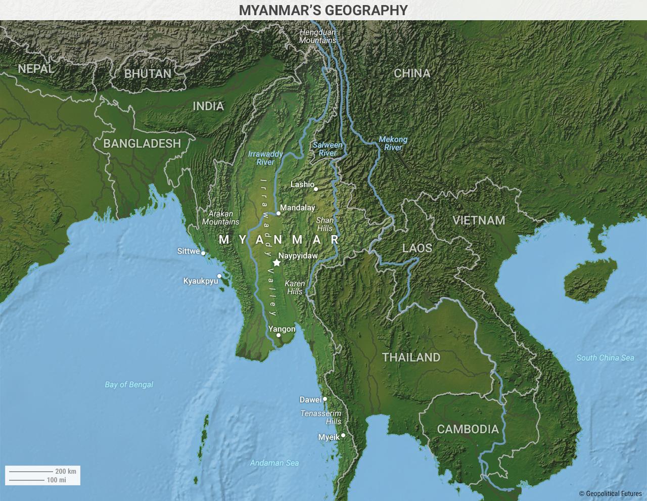 Myanmarin maantiede kartta - Burman maantiede kartta (Etelä-Itä-Aasia -  Aasia)