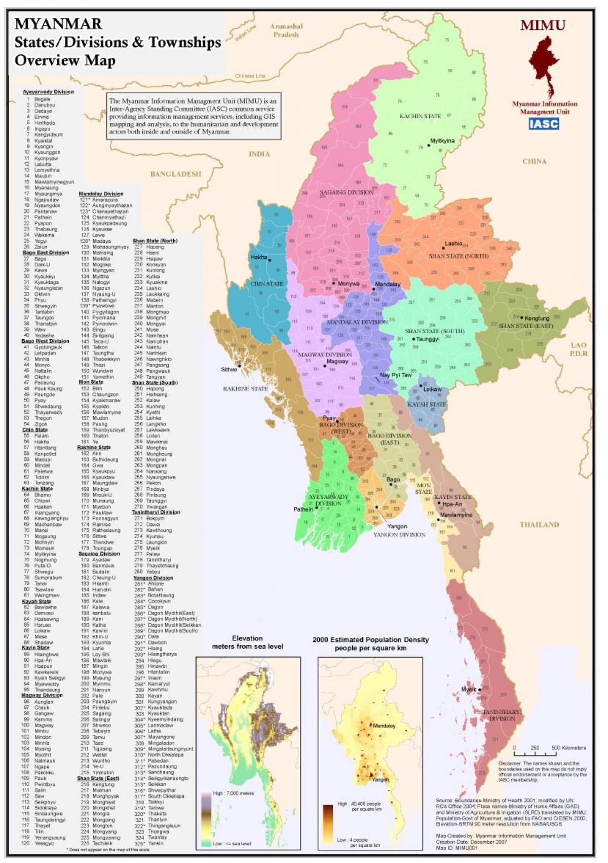 Myanmar valtiot ja alueet kartta - Myanmarin kartan kanssa valtiot ja  alueet (Kaakkois-Aasia - Aasia)