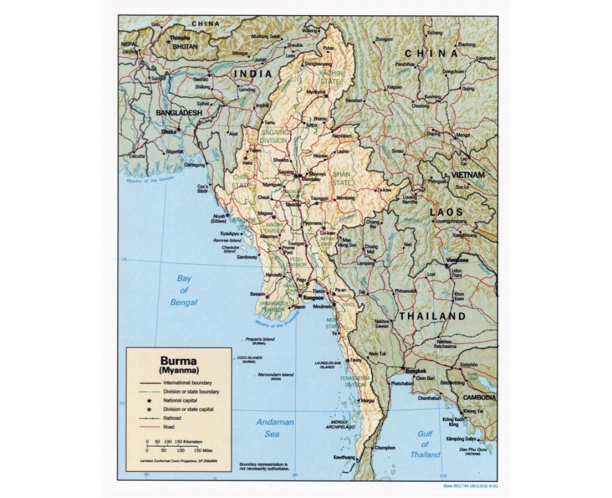 kartta Myanmarin kanssa kaupungeissa