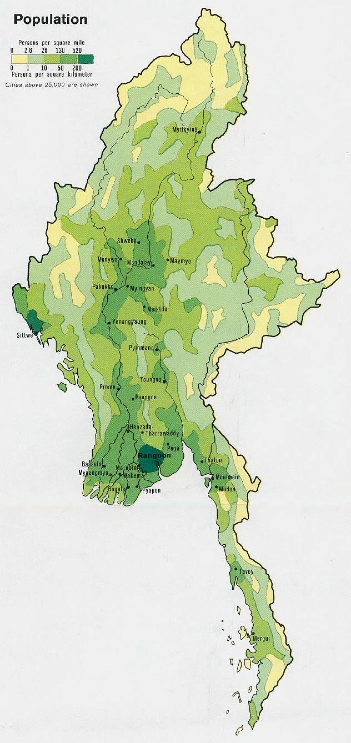 Myanmarin väestöstä kartta - Myanmar asukastiheys kartta (Etelä-Itä-Aasia -  Aasia)