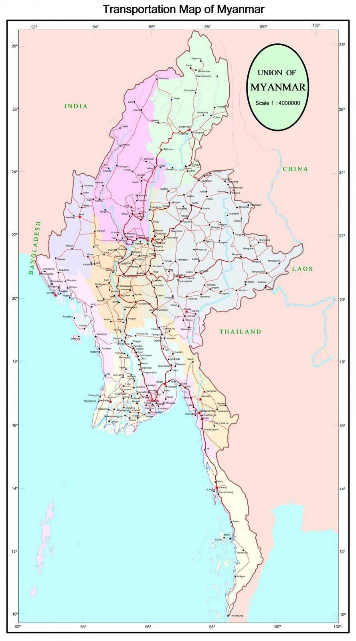 Myanmarin valtatie kartta - Myanmar valtatie tie-kartta (Etelä-Itä-Aasia -  Aasia)